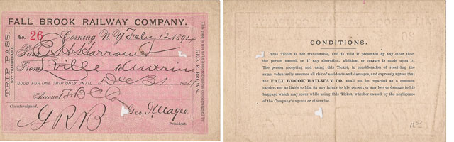 1894 Fall Brook Railway Ticket